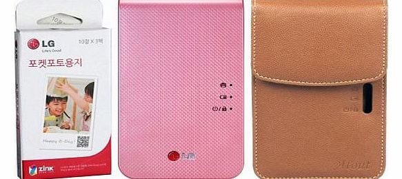 [SET] LG Pocket Photo 2 PD239 (Pink) Portable Printer + Zink 30 Sheet + (Brown) Atout Premium Synthetic Leather Vintage Cover Case